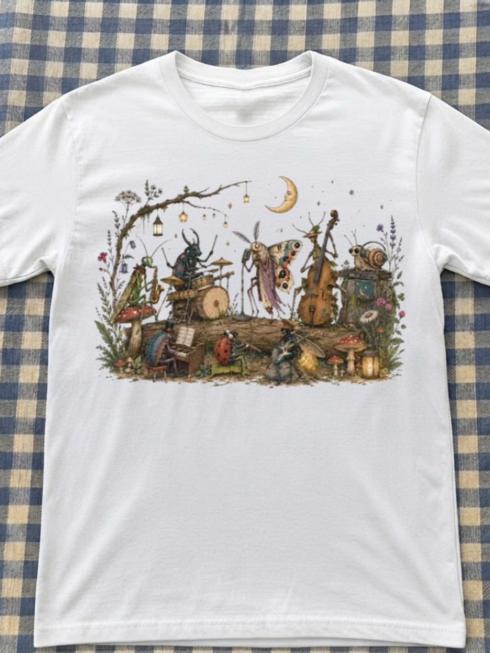 Gildan White Short Sleeve Tee with Whimsical Woodland Insect Band Graphic